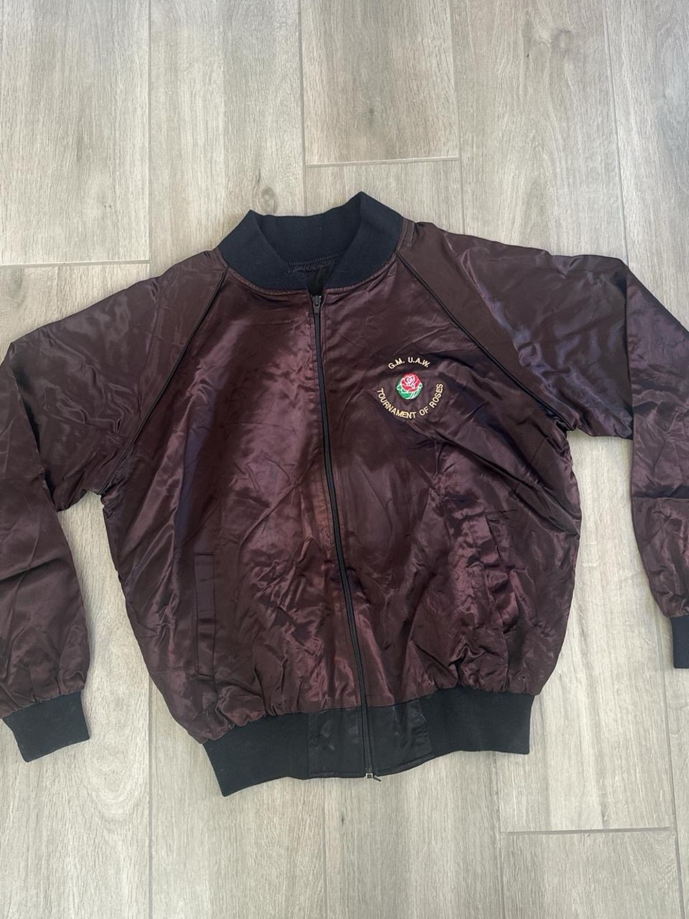 Source Unknown Burgundy Satin Bomber Jacket with Rose Patch